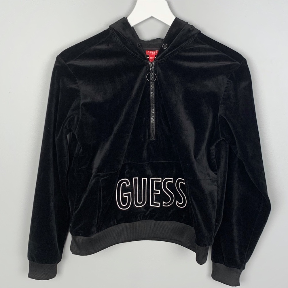 Guess Black Velvet Cropped Half-Zip Hoodie  Size-M